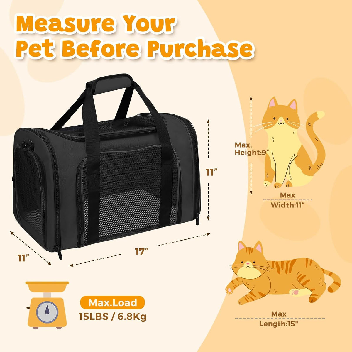 Cat Carrier Soft Up to 16 Lbs, Breathable Pet Travel Bag with Steel Frame