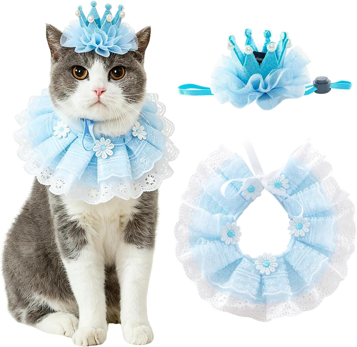Cat Princess Costumes Cat Crown Hat & Lace Bandana Scarf Set, Puppy Party Hat for Small Dogs & Cats, Lace Outfit for Cats and Small Dogs Birthday Party (Blue)