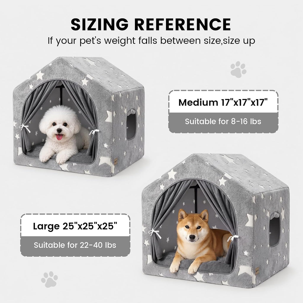 Indoor Dog House with Frame,Glow Dog Tent Bed with Cover Cave,Grey Large