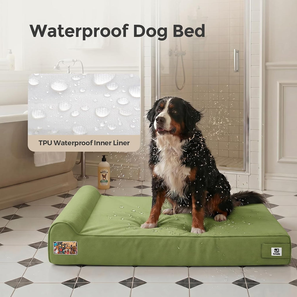 Sytopia Orthopedic Dog Beds for Extra Large Dogs, 7" Extra Thick Memory Foam Canvas Pet Bed with Durable Chew Proof Fabric Cover, Waterproof Liner & Washable Cover, Nonskid Bottom, Green