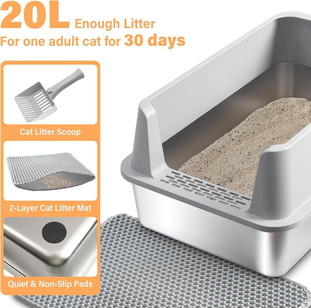 Stainless Steel Litter Box XL-Metal Cat Litter Box for Big Cat | Large Metal Litterbox with High Side，Non-Stick, Odor-Resist, Anti-Urine Leakage, Easy-Clean, Includes Mat & Scoop