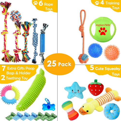 Aipper Dog Toys 25 Pack for Fun and Teeth Cleaning, Puppy Chew Toys Pack with Squeak Plush Toy,Squeaky Toy Balls,Tug of War and Rope Toys for Puppy to Small Dogs