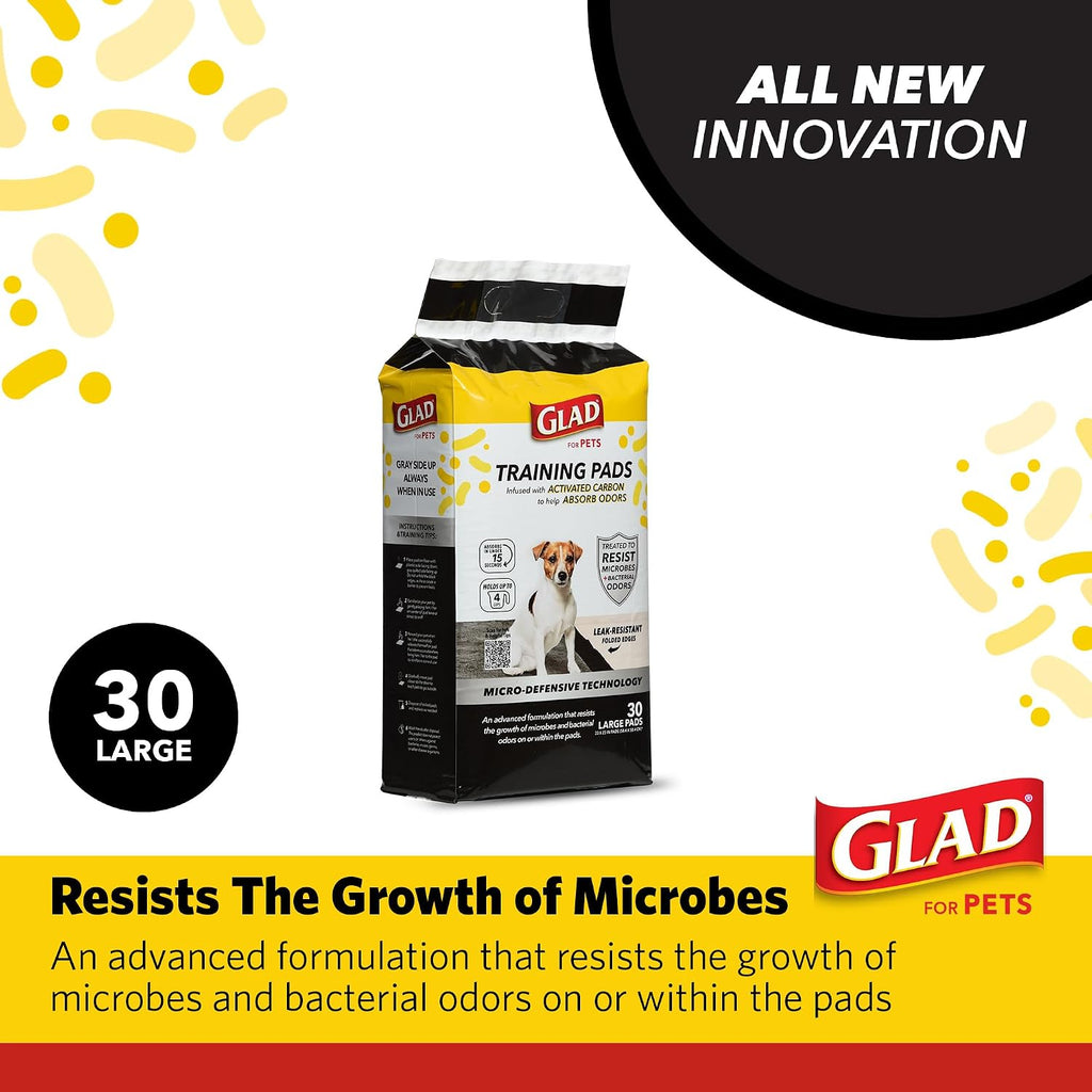 Glad for Pets Activated Carbon Training Pads, Anti-Microbial, 30 Count | 6-layer, leak-proof pads with odor control technology, 23 x 23 in coverage for indoor potty training