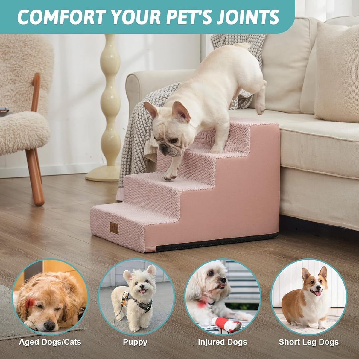 COZY KISS Dog Stairs for Small Dogs, 4 Step Pet Stairs for Beds & Couches