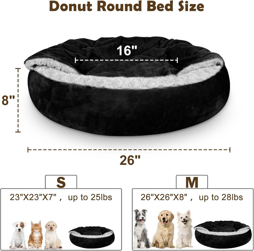 JOEJOY Small Dog Bed Cat Bed with Hooded Blanket, Cozy Cuddler Luxury Puppy Pet Bed, Donut Round Calming Anti-Anxiety Dog Burrow Cave Bed - Anti-Slip Bottom and Machine Washable 26 inch