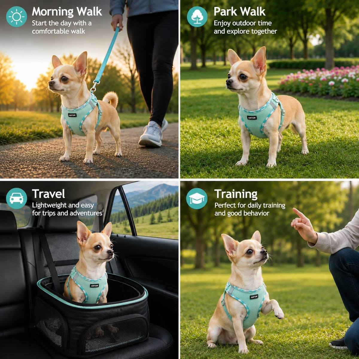 AMTOR Small Dog Harness with Leash Set, No Escape Easy Walk Puppy Harnesses for Training Walking, Step-in Reflective Soft Dogs Vest for XS S Medium Extra-Small Large Sized Dog(Green,S)