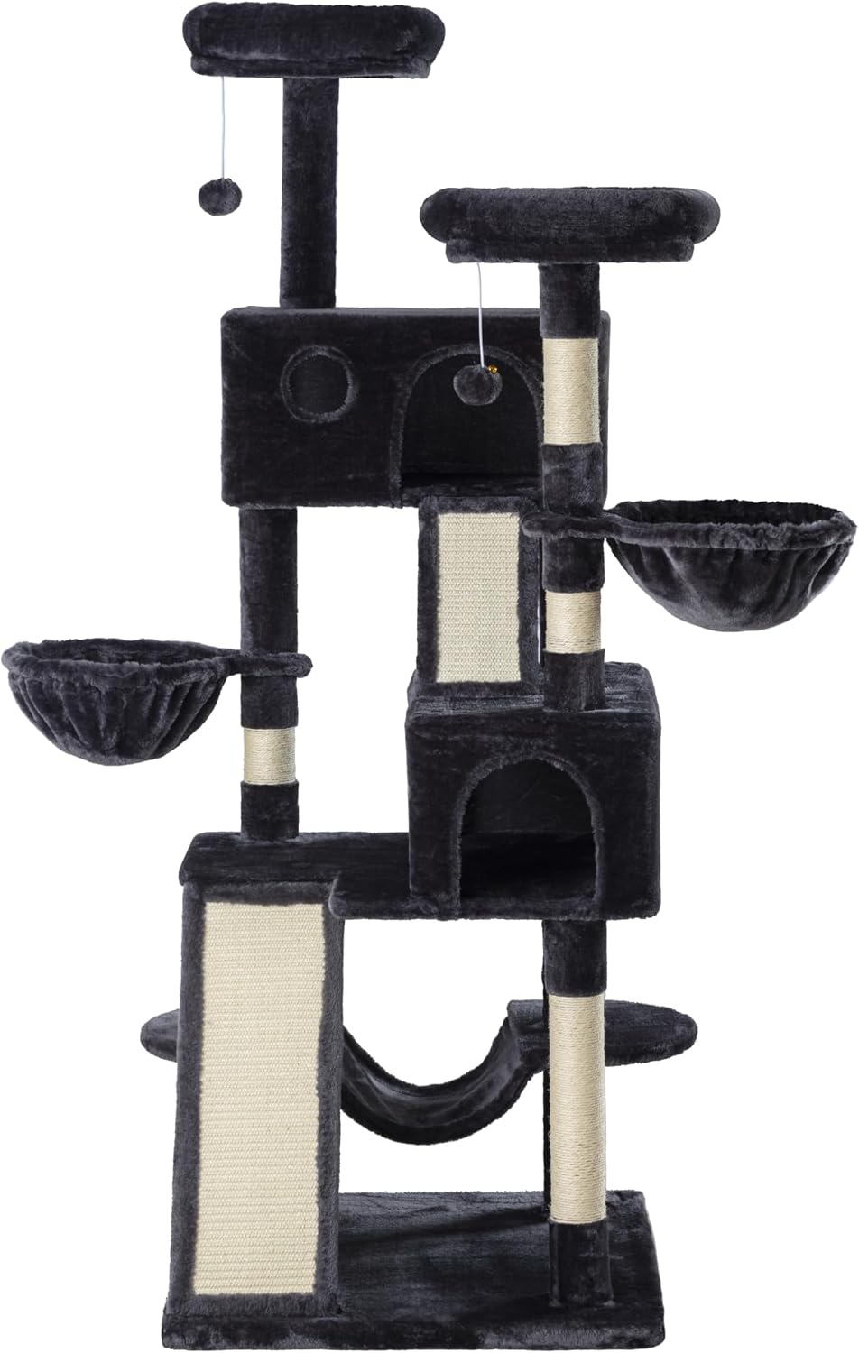 SHA CERLIN 65in Larger Cat Tree Tower Condo for Indoor Kitties/Multi-Level Furniture Activity Center with Wide Base/Cozy Plush Cat Perches/Baskets/Sisal Scratching Posts and Hammock/Dark Grey