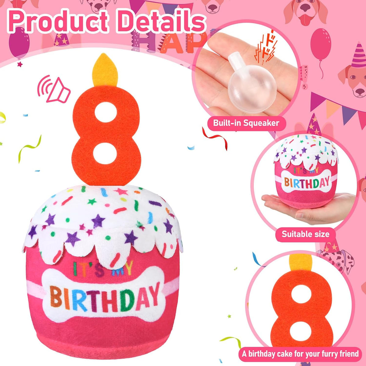 Dansydaisy Dog Birthday Cake Toy Squeaky Plush Gift,8th,Pink | Interactive Squeaky Gift for Dogs, Dog Birthday Decor , Soft Chew for Small Medium Large Pets, Cake Design with Candle