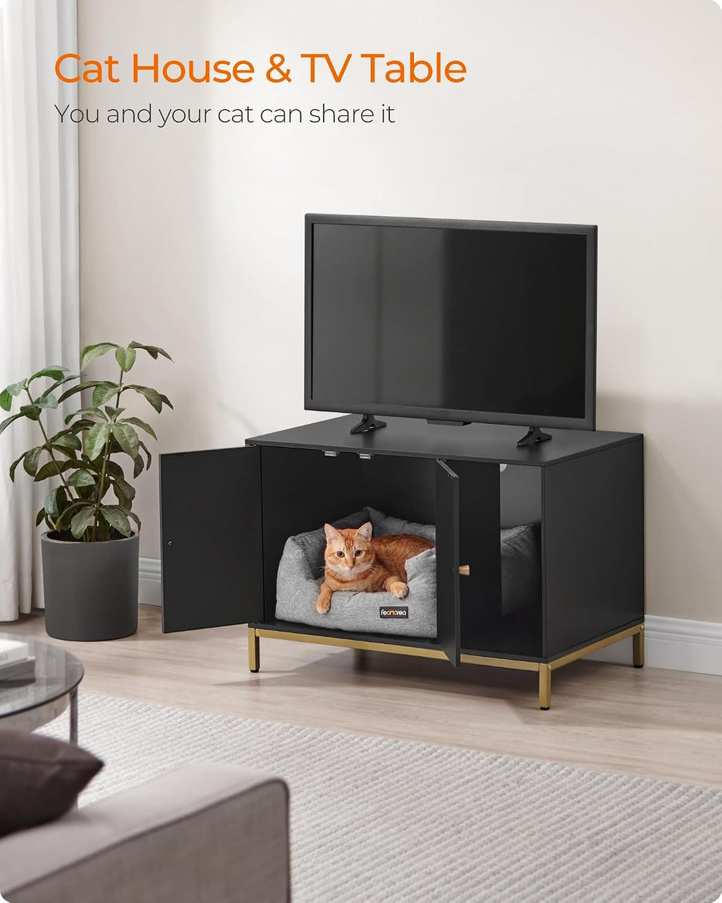 FEANDREA Cat Litter Box Enclosure, with Scratching Mat, Tall Legs