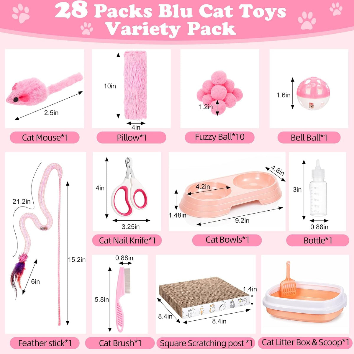 Leitee 28 Pcs Cat Starter Kit with Litter Box Scratcher Toys Bowls, Pink