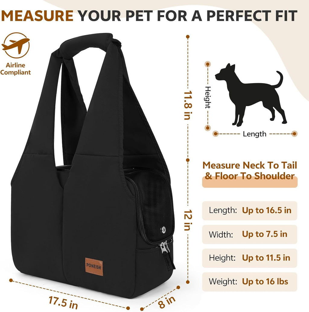Dog Purse Carrier for Small Dogs and Cats, Soft-Sided Pet Tote Bag with 6 Large Pockets, Collapsible Travel Puppy Carrier, Fits Pets up to 16 lbs (Black, 17.5" L x 8" W x 12" H)