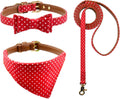 3PCS Bow Tie Dog Collar and Leash Set Plaid/Camo/Dots/Flower Dog Bandanas with Bell 3 Size Adjustable for Small Dogs Puppies and Cats (M, Red Dots)