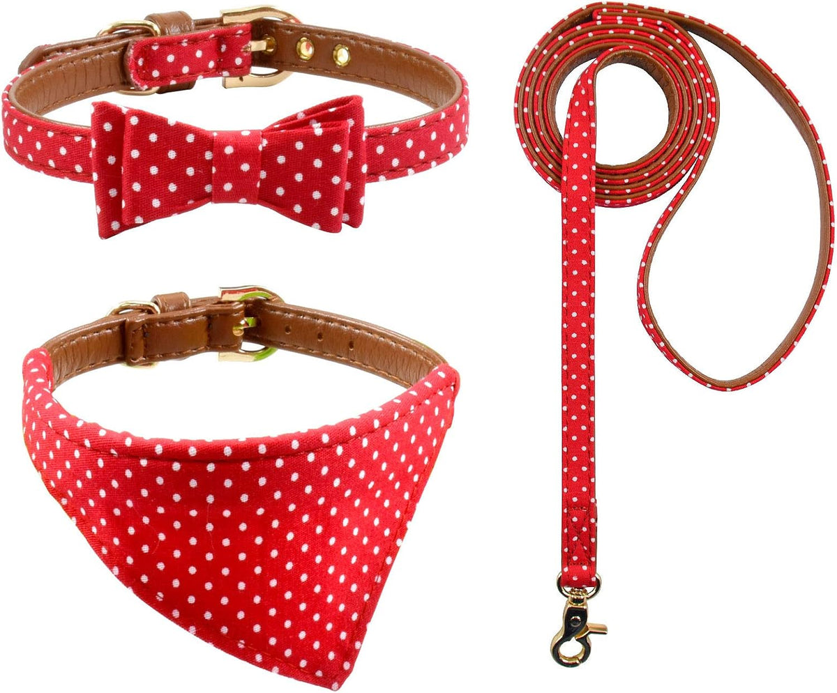 3PCS Bow Tie Dog Collar and Leash Set Plaid/Camo/Dots/Flower Dog Bandanas with Bell 3 Size Adjustable for Small Dogs Puppies and Cats (M, Red Dots)