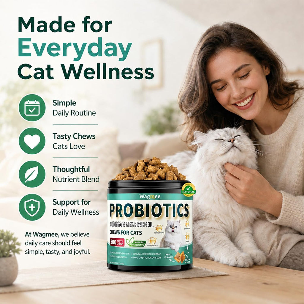 Cat Probiotics Chews 500 Count, Omega 3 Fish Oil Skin Coat Gut Support