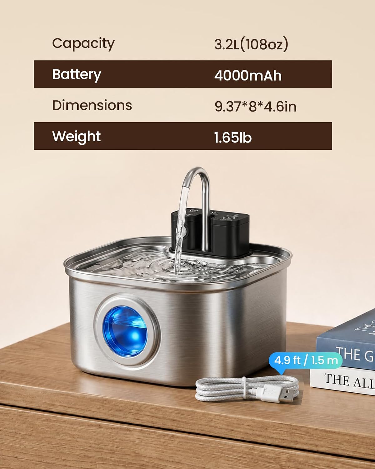 Cordless Cat Water Fountain, 3.2L/108oz Stainless Steel Cat Fountain