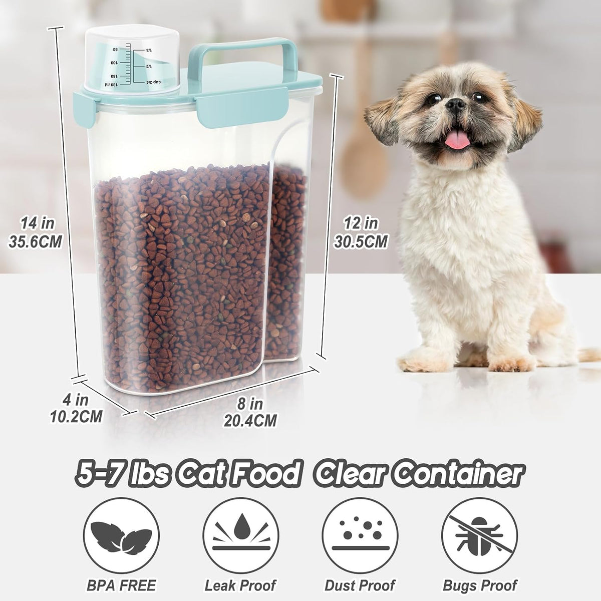 5-7LBS Dog Cat Storage Container Portable with Upgraded Large Spout and Cup, Plastic Pet Food Dispenser for Small Animal Kibble, Bird Seed, Oatmeal, Rice, Flour, Brown Sugart-2 Pack Light blue