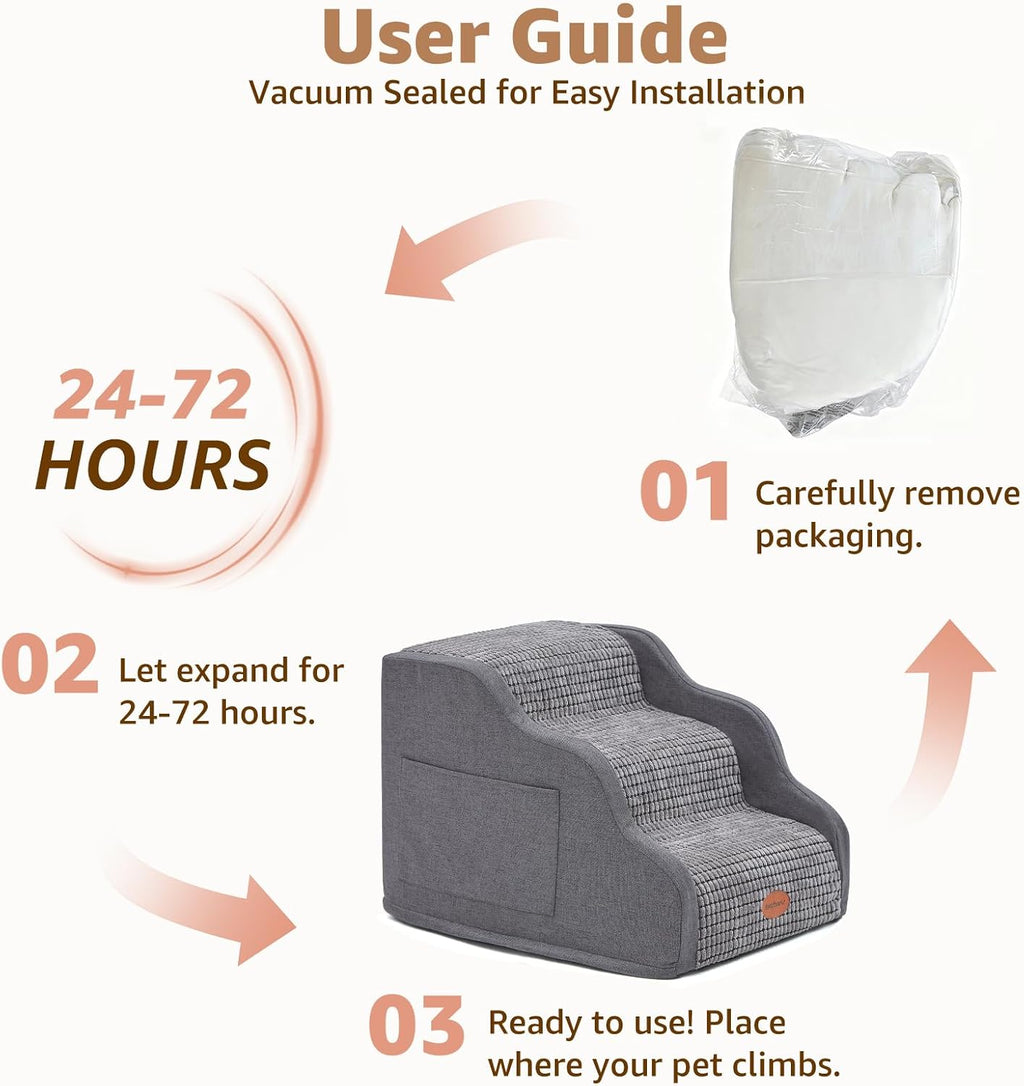 Woochpet 3-Tier Dog Stairs for Beds Foam Ramp Stairs for Couch Dark Grey