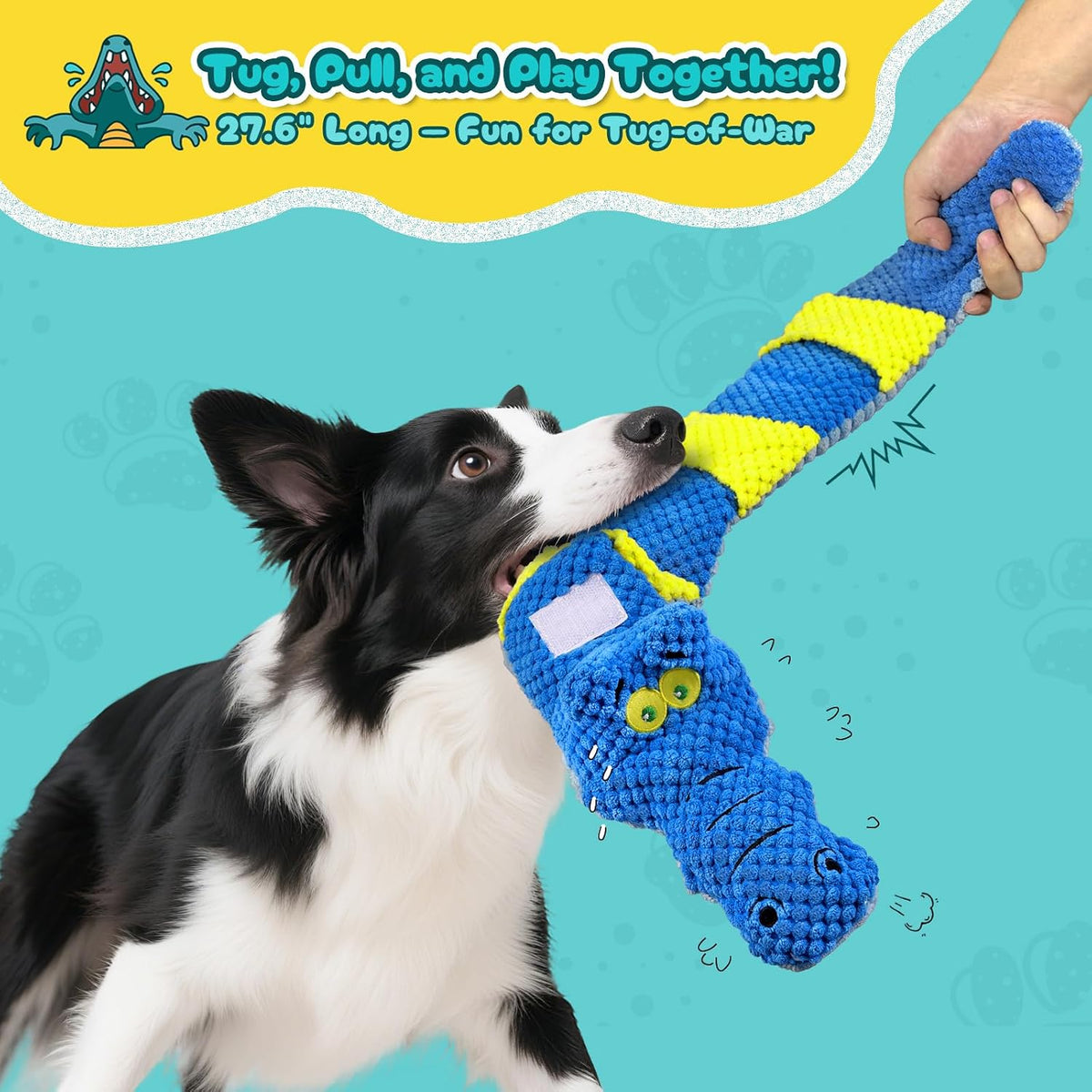 TOOPTATE Crocodile Squeaky Dog Toy | Dual-Opening Treat Pocket for Puzzle Play, Long Plush Body For Tugging, Suitable for Small, Medium, and Large Dogs