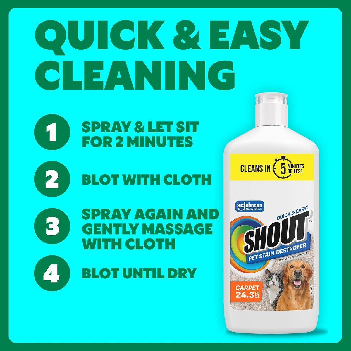 Shout Pet Stain Remover, Color-Safe Rug, Upholstery & Carpet Cleaner Solution for Dog & Cat Urine, Feces, Vomit & Mud, Fights Odors & Remarking, Fast-Acting Cleans in 5 Minutes or Less, 24.3oz