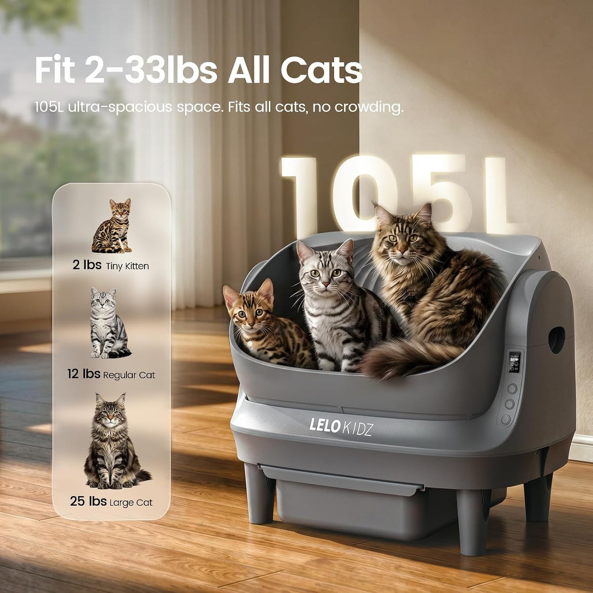 Self Cleaning Litter Box, Open Top 105L Automatic Litter Box for Multiple Cats, App Control, Safety Sensor, Anti-Pinch, Includes Mat & Liner - Gray