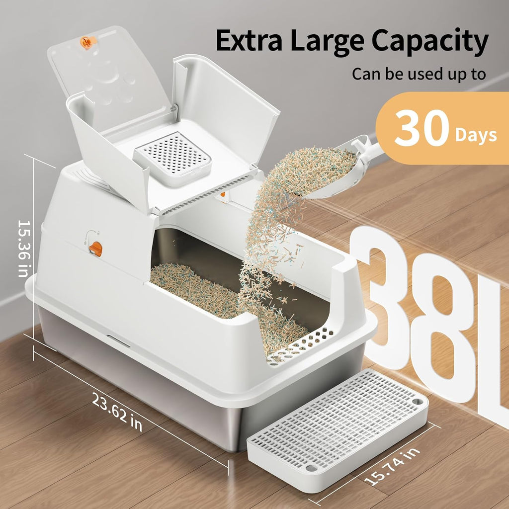Stainless Steel Cat Litter Box with Lid, Flip-Top XL Large, White