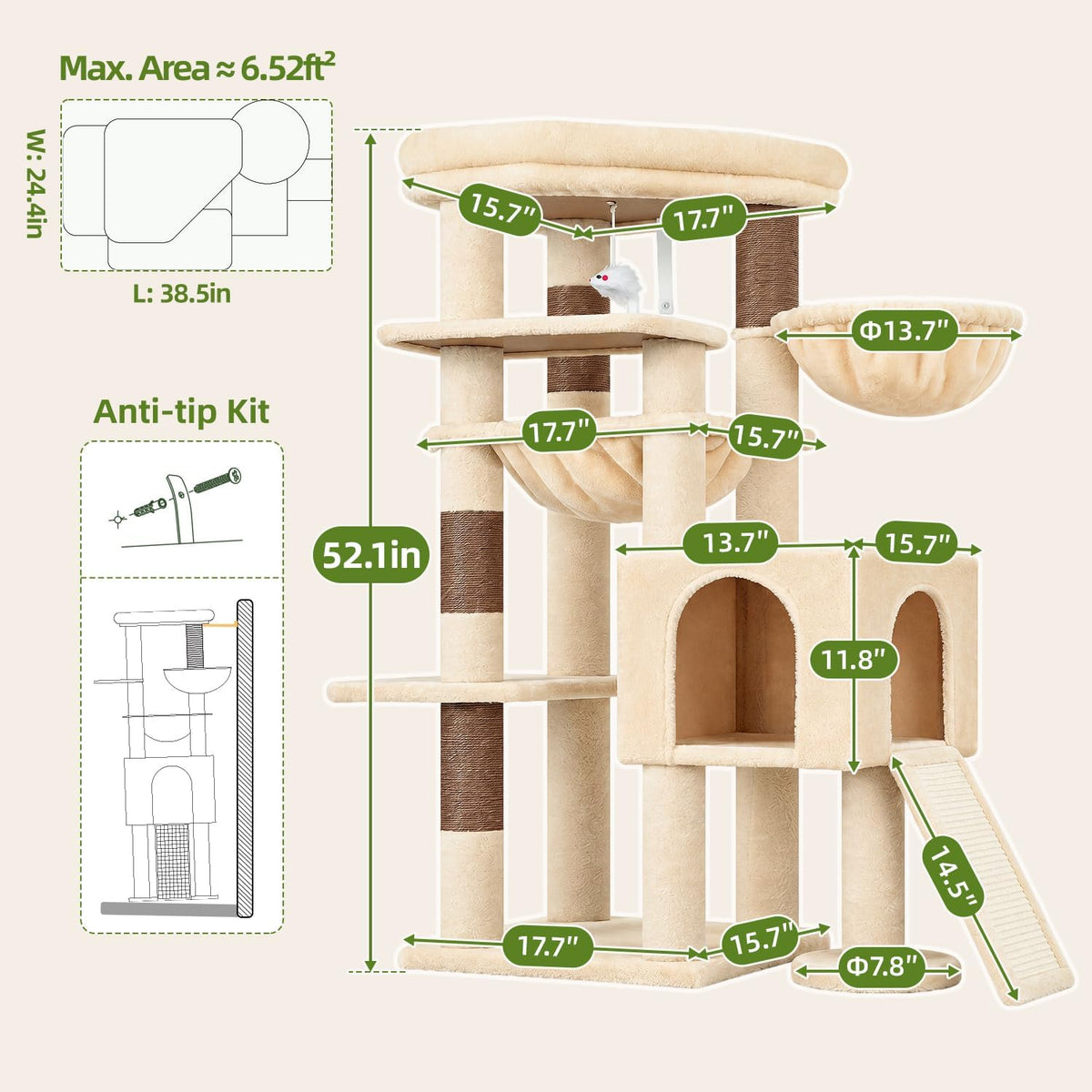 Globlazer Heavy Duty Cat Tree Tower for Large Indoor Cats, F52J, Beige