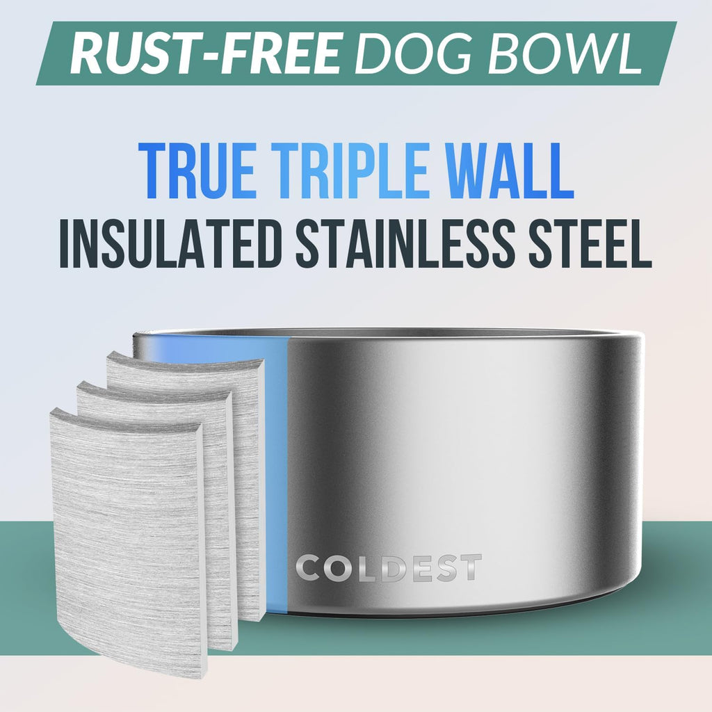 Coldest Dog Bowl - Anti Rust Metal, Non Slip, 3 Layers Insulated Stainless Steel Dog Bowls - Spill Proof & Heavy Duty - Water Bowl for Dogs, Cats, Dish Washer Safe (200 oz, Polished Stainless Steel)