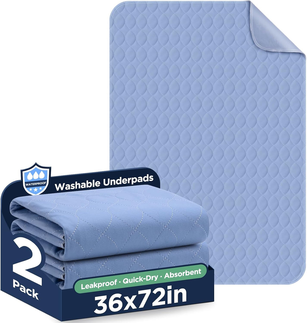 Washable Bed Pads 36" x 72" - 2 Pack, Blue, Waterproof Bed Pads for Incontinence, Bed Wetting Pads for Bed, Sofa, Floor, Resuable Underpads for Adults, Seniors, Pet