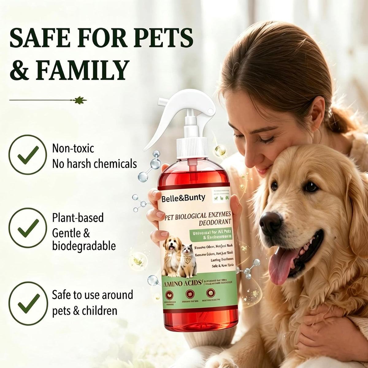 Belle & Bunty Pet Odor Eliminator Spray, Enzyme Cleaner for Dog Urine and Cat Urine, Pet Stain & Odor Remover for Carpet, Cat Litter Deodorizer, Dog Pee Cleaner for Home, Kennel and Furniture, 300ml