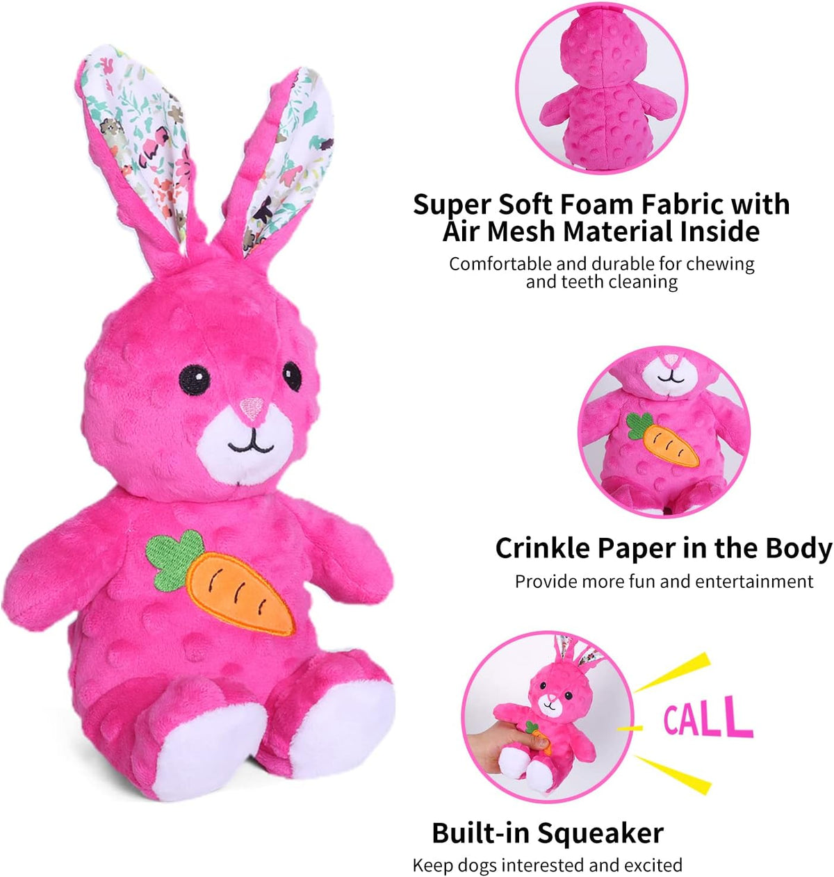 DODODOLA Stuffed Dog Toys Durable Plush Dog Toy with Crinkle Paper Cute Elephant Squeaky Dog Toys Dog Chew Toys for Medium Large Breed (Pink Rabbit)