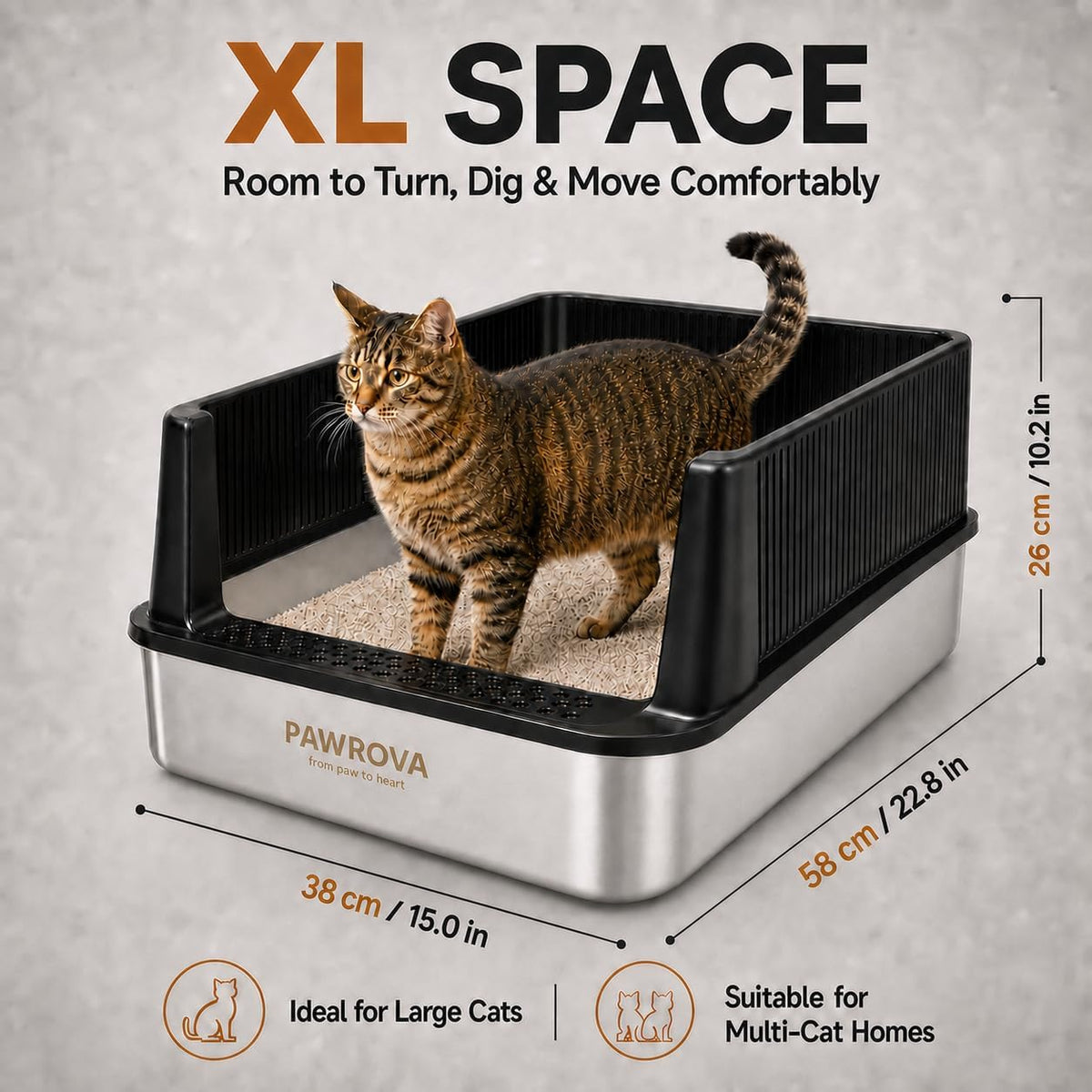 304 Stainless Steel Litter Box 2 Pack, XL Open Top with High Sides
