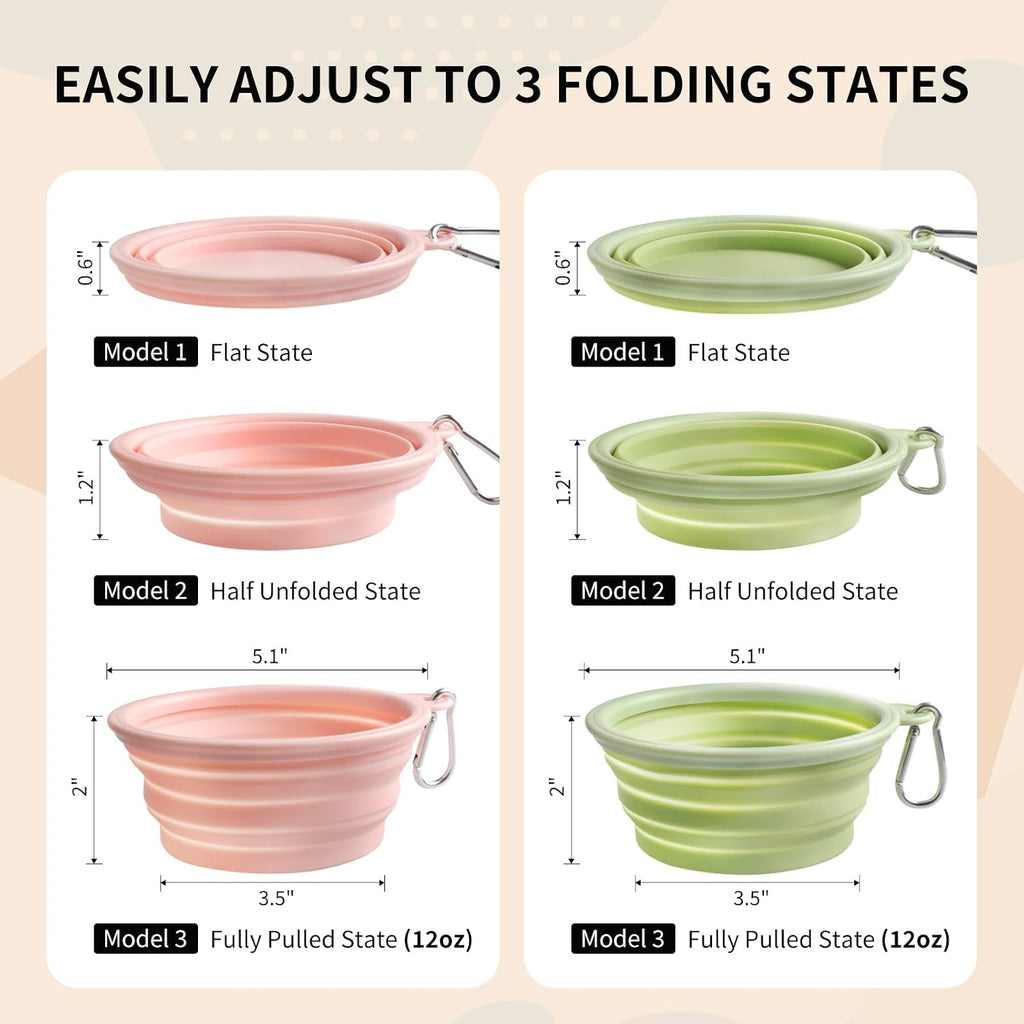 Collapsible Dog Bowls 2-Pack, Portable Travel Dog Bowl with Carabiner, Food-Grade Silicone Pet Bowl for Hiking, Walking (Macaron Pink and Green)