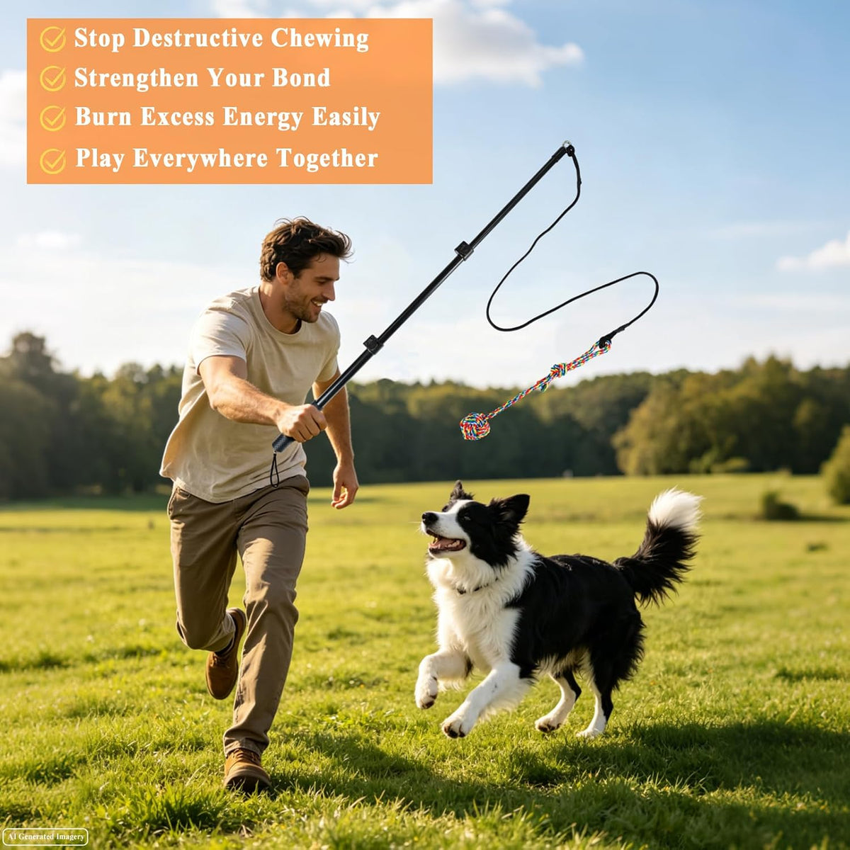 Flirt Pole for Dogs, Heavy Duty Dog Teaser Wand with 3 Replacement Rope | Interactive Tug of War Chase Toy for Small Medium Large Dogs Portable Outdoor Exercise Training Play Equipment