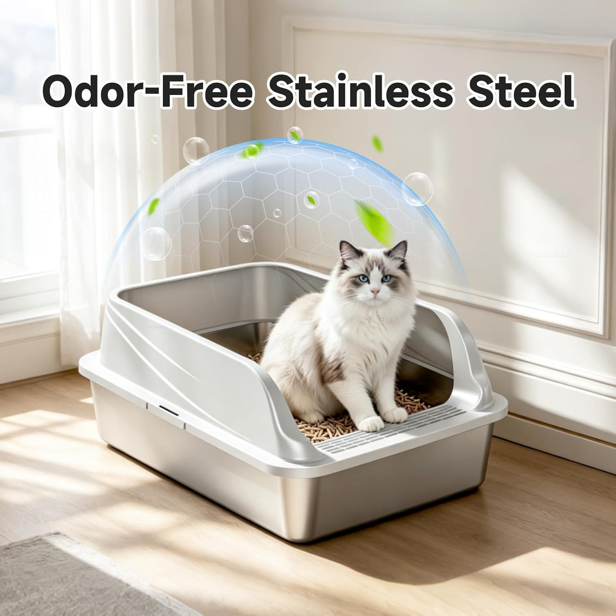 Stainless Steel Sifting Litter Box for Pine Pellets, XL Odor Free