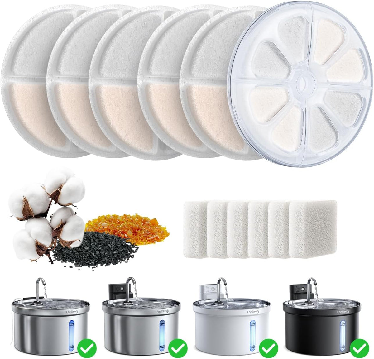 6 Pack Cat Water Fountain Filter & 6 Pack Pump Filter Sponges Replacement for [FN-W08L] and [FN-W06] - 6 Filters+1 ABS Shell+6 Sponges