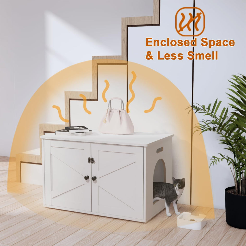 Timberer Cat Litter Box Enclosure, Hidden Litter Box Furniture with Divider | Wooden Cat Washroom Furniture, Indoor Cat House, Dog-Proof, Fits Most of Litter Box, White