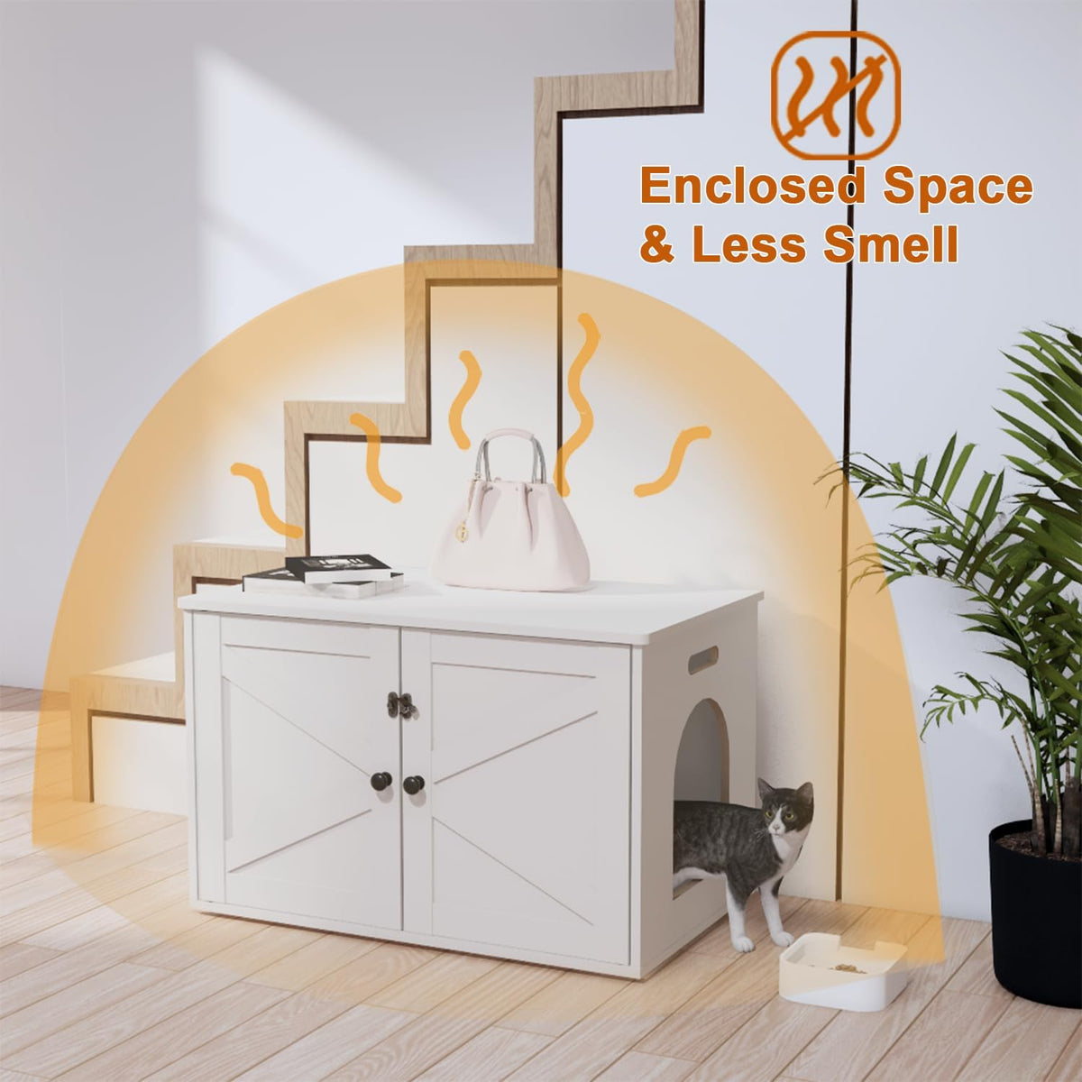 Timberer Cat Litter Box Enclosure, Hidden Litter Box Furniture with Divider | Wooden Cat Washroom Furniture, Indoor Cat House, Dog-Proof, Fits Most of Litter Box, White