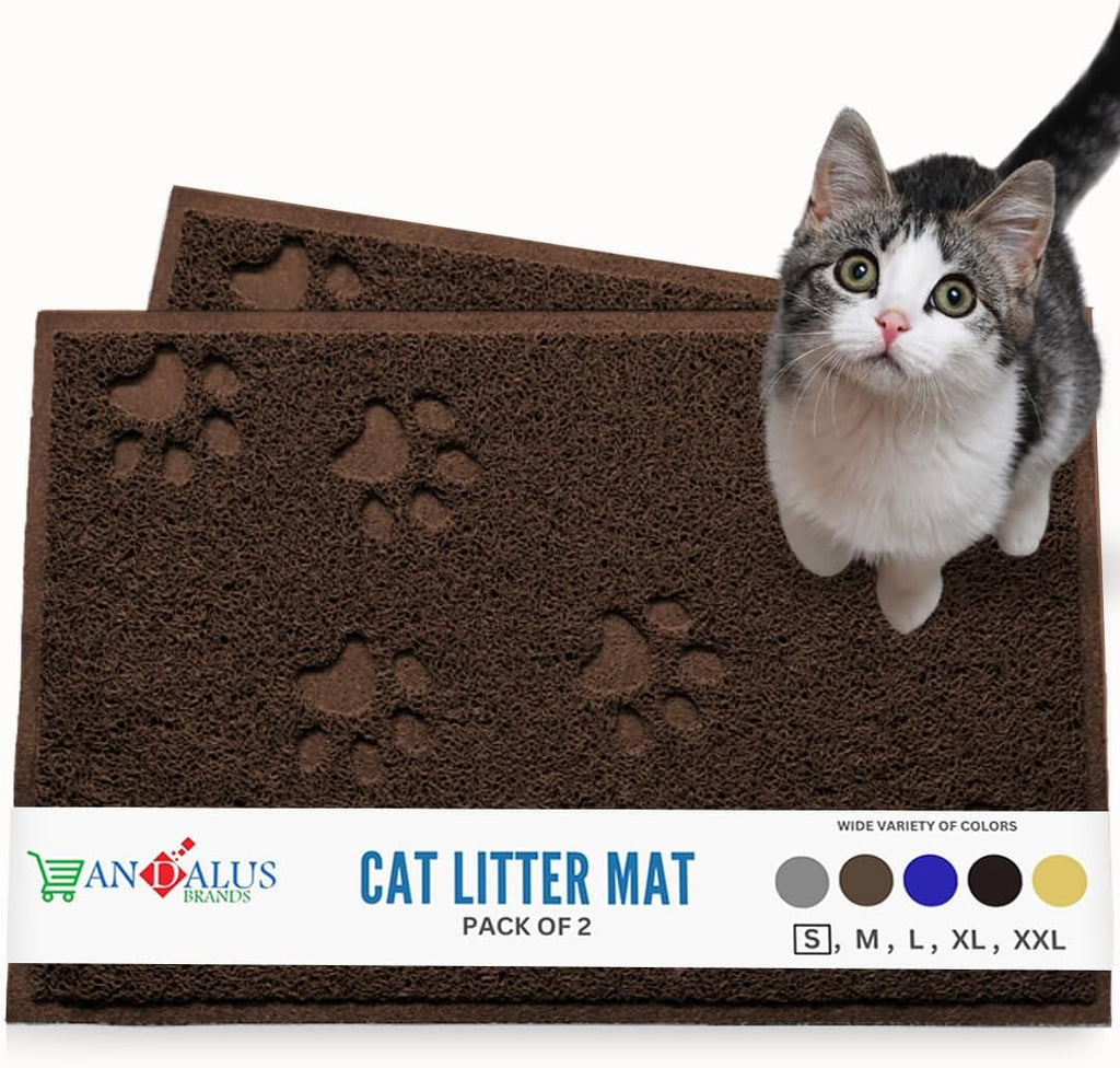Andalus Small Cat Litter Mat, Pack of 2 - Waterproof, Non-Slip & Easy to Clean Cat Litter Box Mat for Extra Efficient Pet Litter-Trapping, Brown (15.75” X 11.75”)