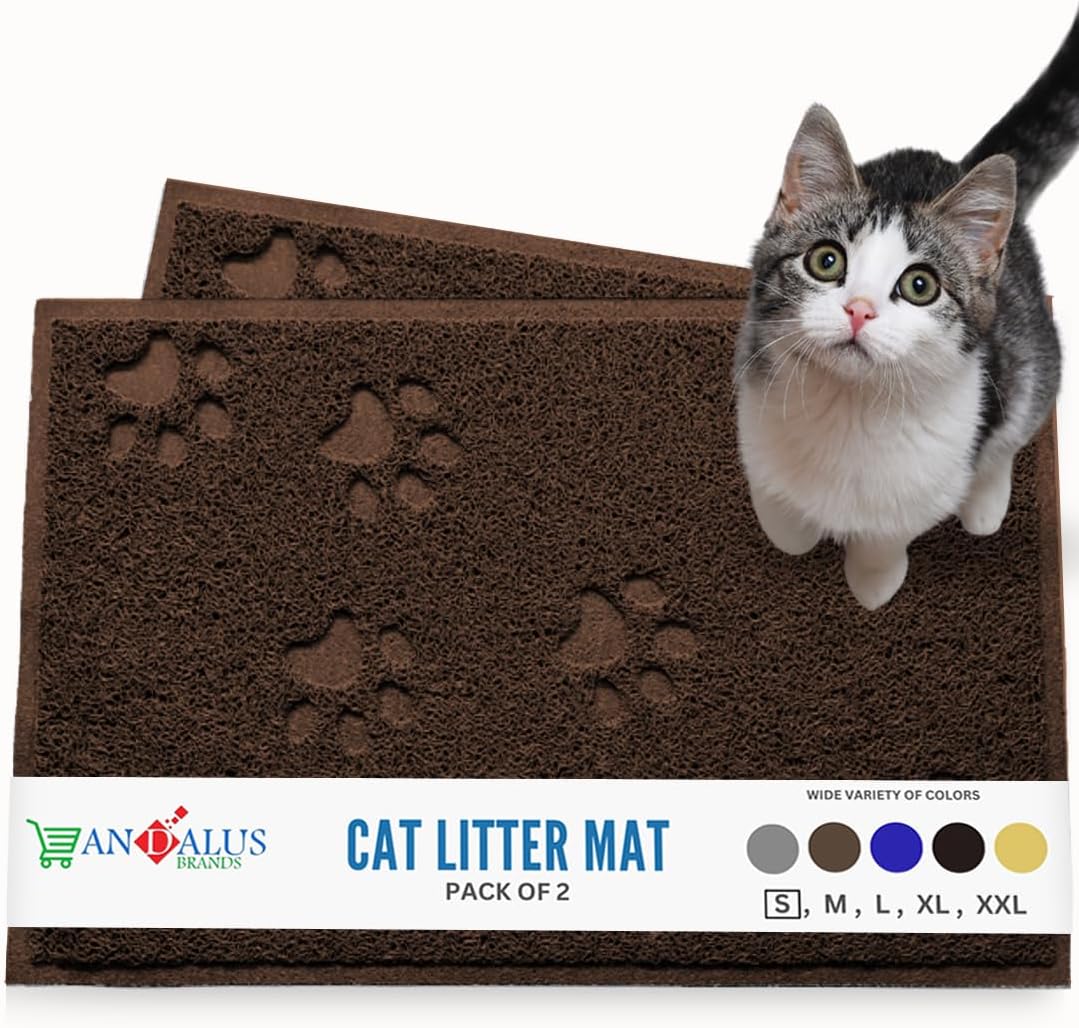 Andalus Small Cat Litter Mat, Pack of 2 - Waterproof, Non-Slip & Easy to Clean Cat Litter Box Mat for Extra Efficient Pet Litter-Trapping, Brown (15.75” X 11.75”)