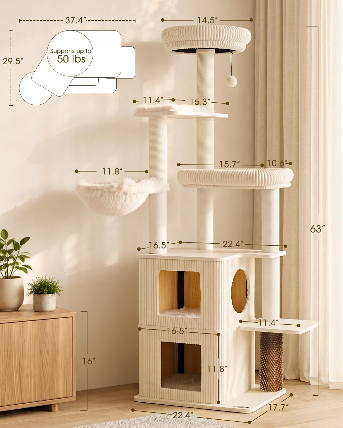 Wood Cat Tree for Indoor Cats, Modern Cat Tower with Sisal Scratching Posts