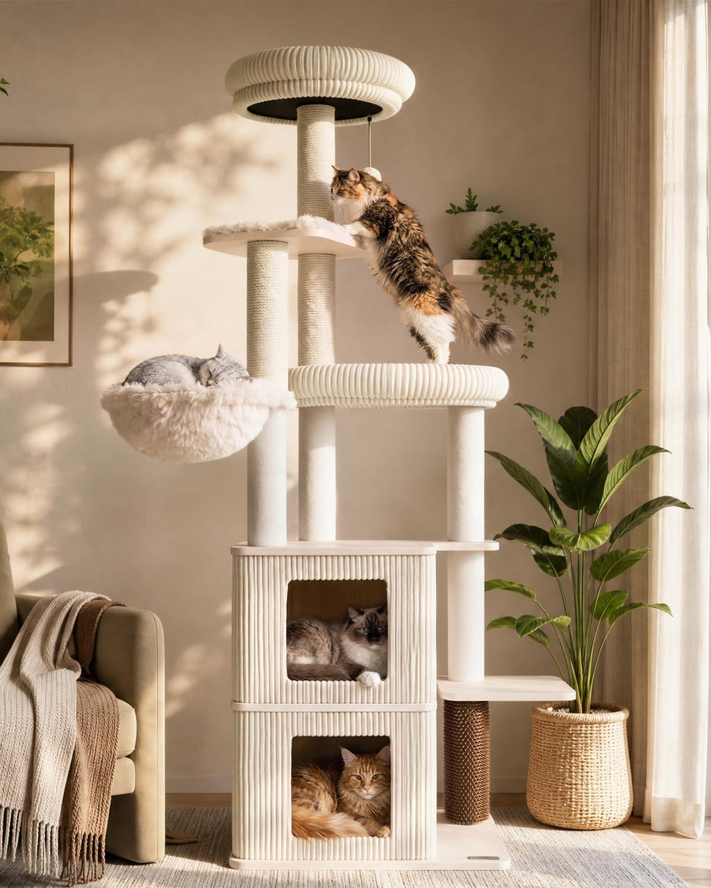Wood Cat Tree for Indoor Cats, Modern Cat Tower with Sisal Scratching Posts