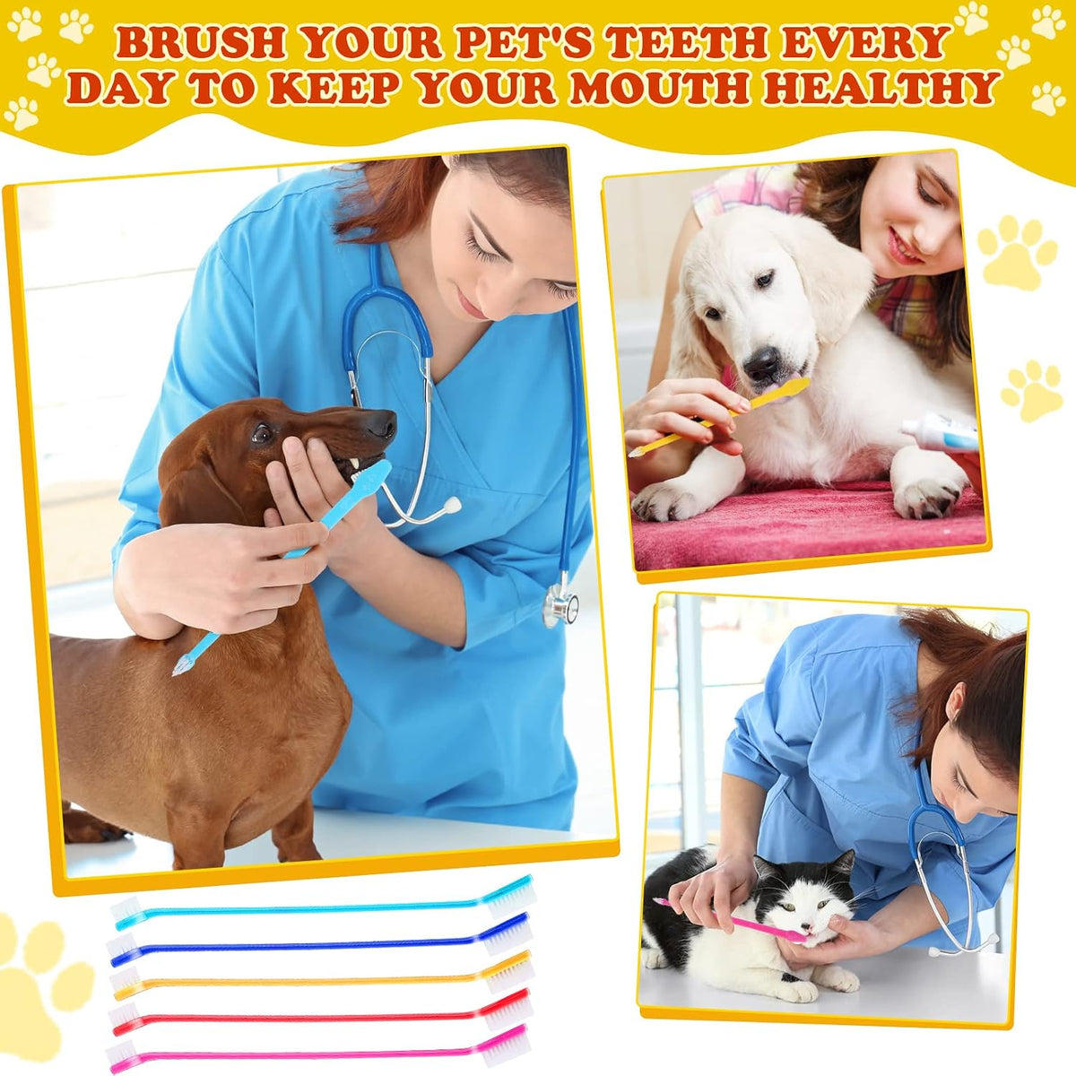Nuenen 150 Count Dog Toothbrush Dual Headed Dental Brushes Puppy Tooth Brushing Kit Long Handle Toothbrush for Large and Small Dogs Cats Most Pets Teeth Cleaning Oral Care Supplies (Vibrant Color)