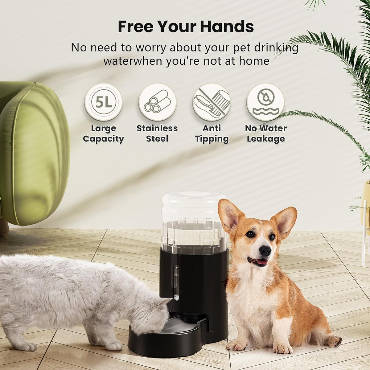 CZPET 5L Gravity Water Bowl Dispenser for Cats and Dogs (Black)