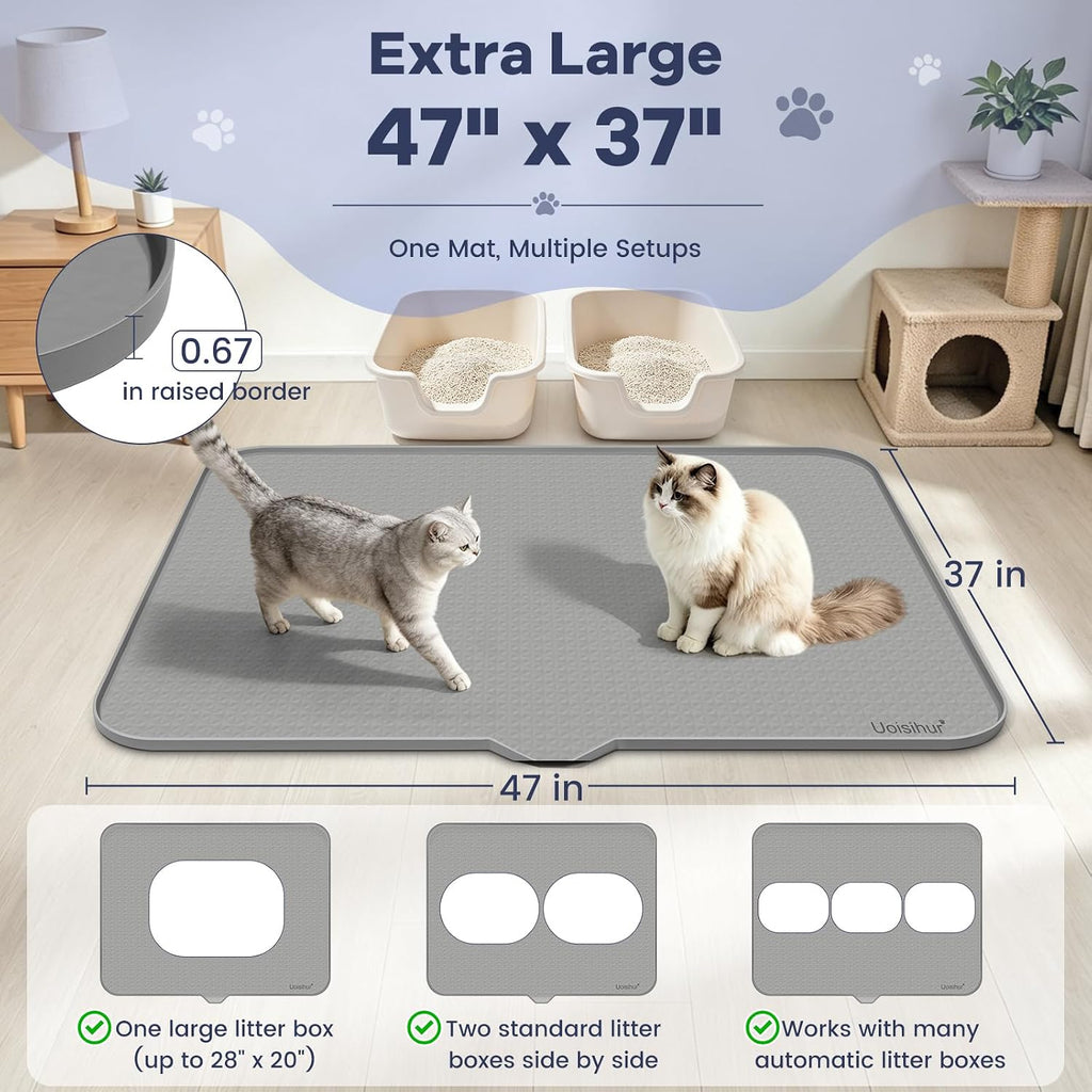 Cat Litter Mat, XL 47 x 37 in Extra Large Silicone Litter Box Mat | Gray, Silicone rubber, Water-resistant, Easy pour-out front notch, Raised lip, Grippy backing, Rinses clean