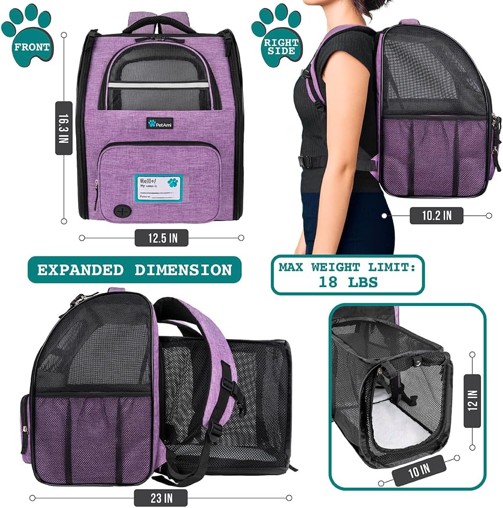PetAmi Expandable Dog Cat Backpack Carrier, Airline Approved, Purple