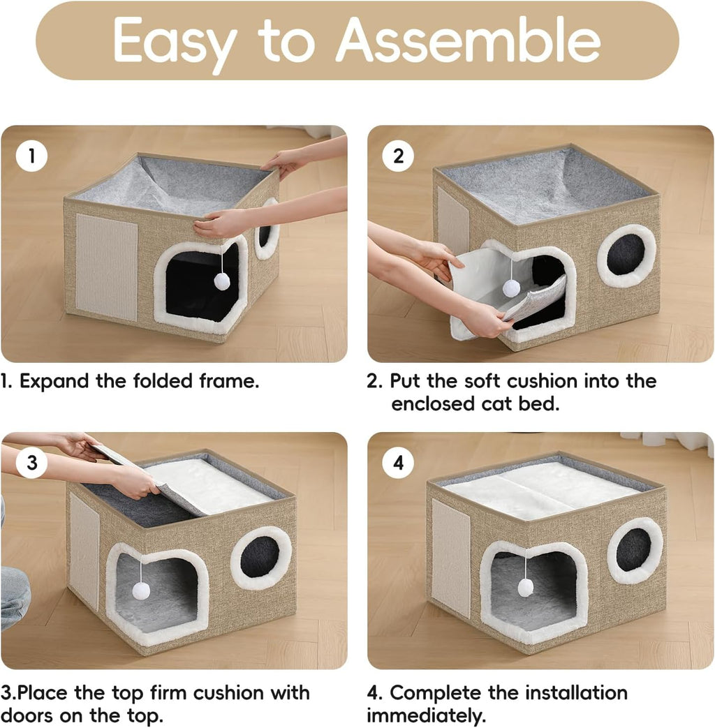 Cat Beds for Indoor Cats,Large Cat Cave House with Scratch Pad and Fluffy Ball,Foldable Cat Condo Hideaway, Modern Kitten Bed, Khaki‌