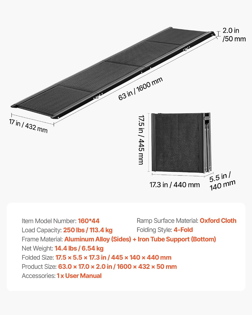 VEVOR Dog Ramp for Cars, 63" L x 17" W, Folding Pet Ramps for Medium & Large Dogs up to 250lbs, Pet Stair Ramp with Non-Slip Oxford Fabric Surface, Portable Outdoor Dog Car Ramps for SUV & Truck