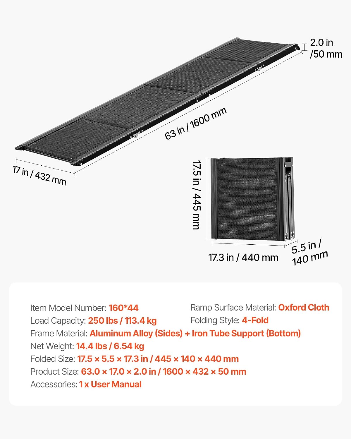 VEVOR Dog Ramp for Cars, 63" L x 17" W, Folding Pet Ramps for Medium & Large Dogs up to 250lbs, Pet Stair Ramp with Non-Slip Oxford Fabric Surface, Portable Outdoor Dog Car Ramps for SUV & Truck