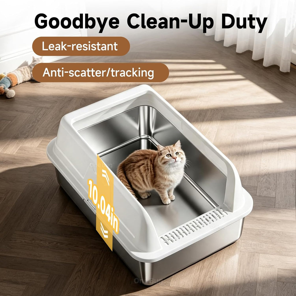 High-Sided Stainless Steel XL Cat Litter Box for Cats | High-Sided Design Prevents Urine Leakage,Non-Stick,Easy to Clean,Includes Scoop,White