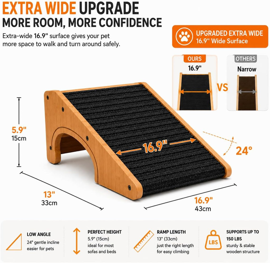Wooden Dog Ramp for Stairs, Extra Wide 16.9" Pet Ramp with Arch Support Design and Anti-Slip Carpet Surface, Low Angle Ramp for Small Dogs & Cats, Senior Injured Pets, Sofa Bed Access